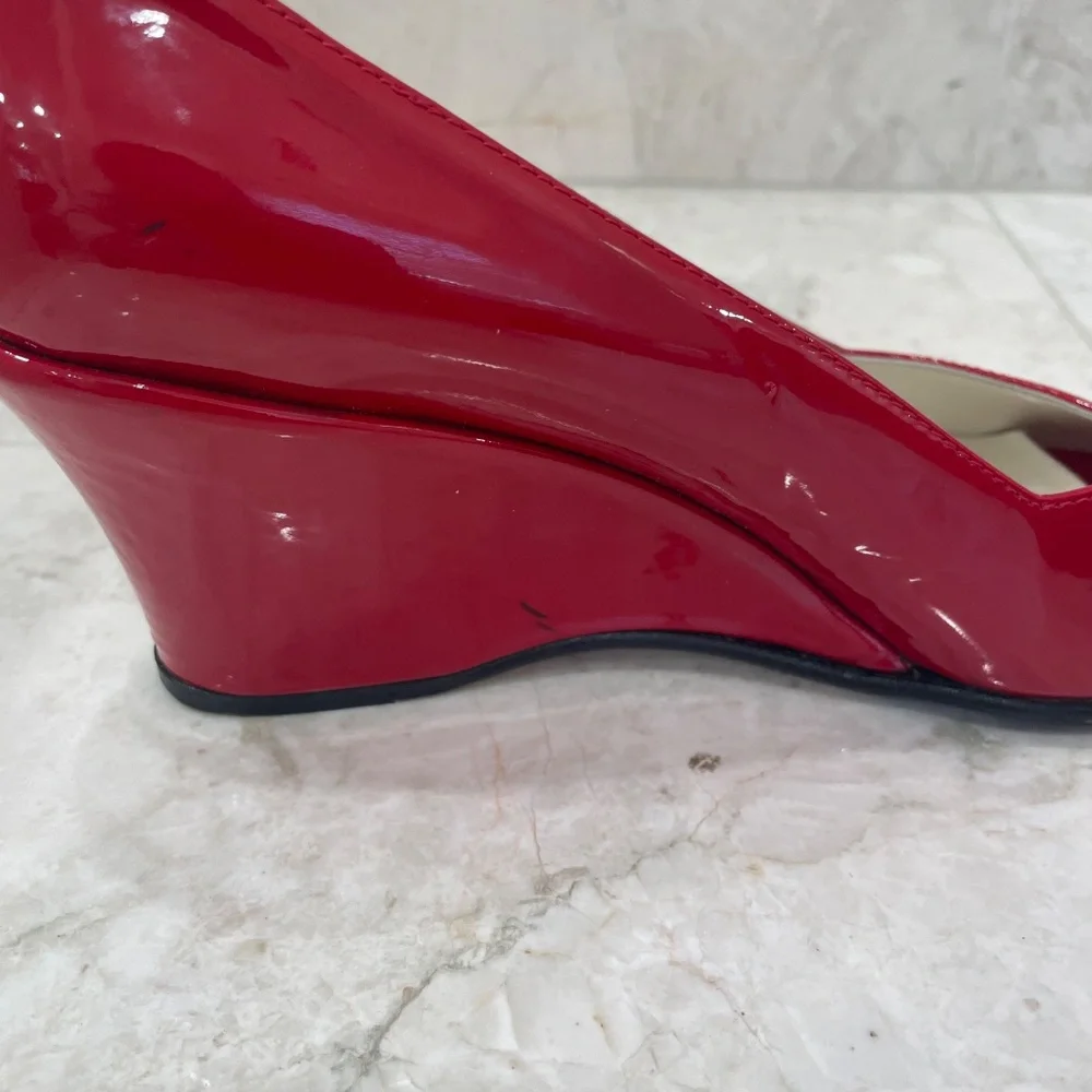 TARYN ROSE {39.5} Red Wedge Patent Leather Peep Toe Candy Apple Red 